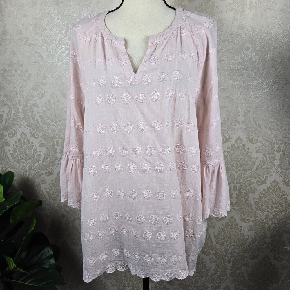 J Jill Sz Large Pale Pink Tunic Split V-Neck Scalloped Edges 3/4 Flared Sleeves